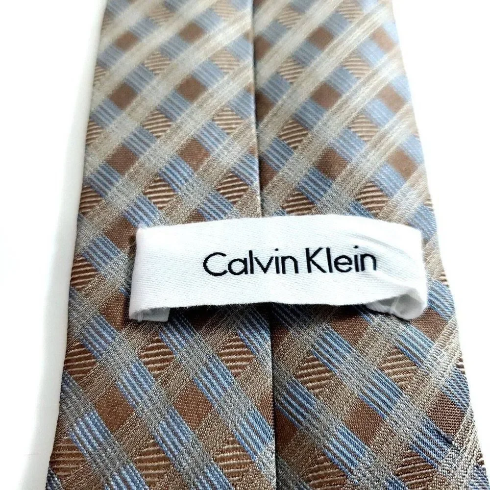 Calvin‎ Klein Brown Blue Plaid Woven Silk Tie